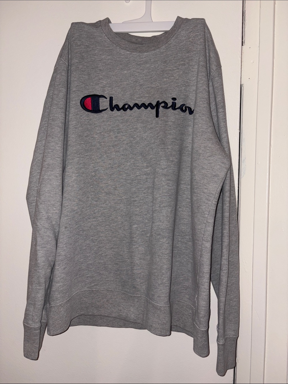 Champion Gray Logo Crewneck Sweatshirt with Navy & Red Accents